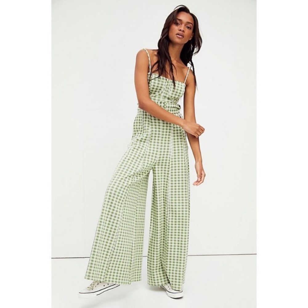 Free People Green Gingham Wide-Leg Jumpsuit